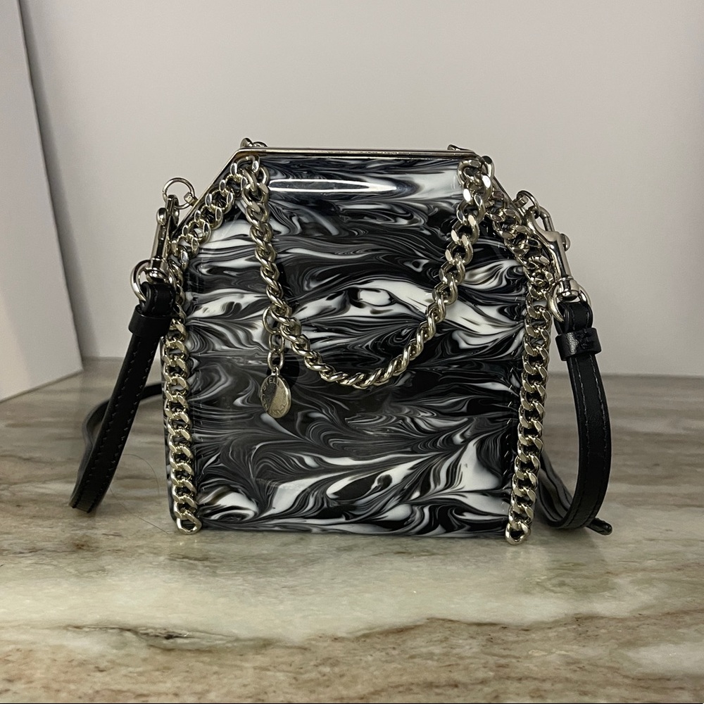 STELLA MCCARTNEY Marbled Enamel Falabella Crossbody Clutch Black.